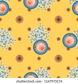 Cup of coffee or tea with dots on background seamless pattern.