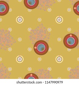 Cup of coffee or tea with dots on background seamless pattern.