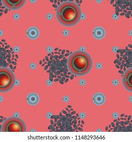 Cup of coffee or tea with dots on background seamless pattern.