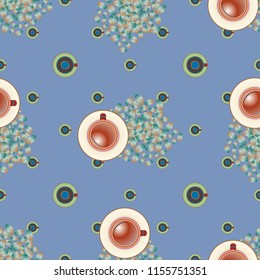 Cup of coffee or tea with dots on background seamless pattern.