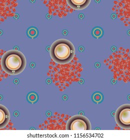 Cup of coffee or tea with dots on background seamless pattern.