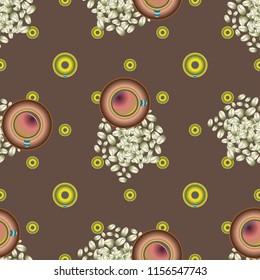 Cup of coffee or tea with dots on background seamless pattern.