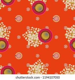 Cup of coffee or tea with dots on background seamless pattern.