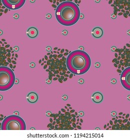 Cup of coffee or tea with dots on background seamless pattern.