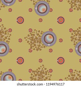 Cup of coffee or tea with dots on background seamless pattern.