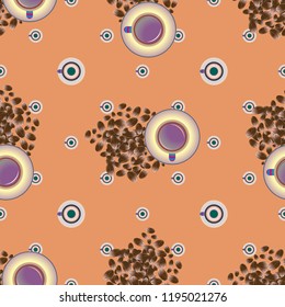 Cup of coffee or tea with dots on background seamless pattern.