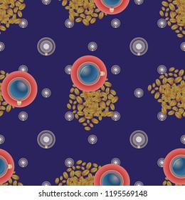 Cup of coffee or tea with dots on background seamless pattern.
