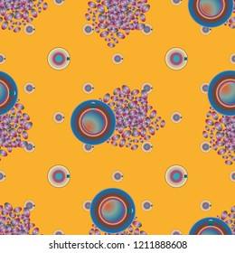 Cup of coffee or tea with dots on background seamless pattern.