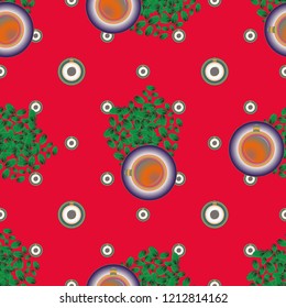 Cup of coffee or tea with dots on background seamless pattern.