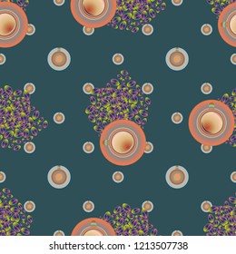 Cup of coffee or tea with dots on background seamless pattern.