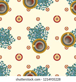 Cup of coffee or tea with dots on background seamless pattern.