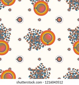 Cup of coffee or tea with dots on background seamless pattern.