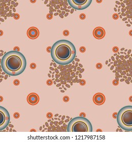 Cup of coffee or tea with dots on background seamless pattern.