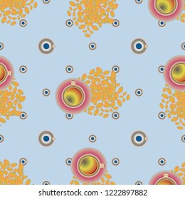 Cup of coffee or tea with dots on background seamless pattern.