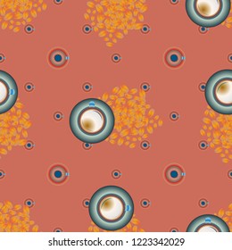 Cup of coffee or tea with dots on background seamless pattern.