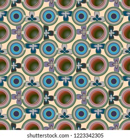 Cup of coffee or tea with dots on background seamless pattern.