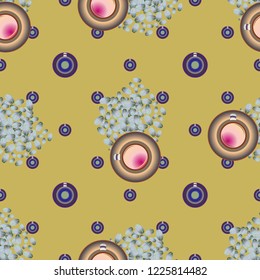 Cup of coffee or tea with dots on background seamless pattern.