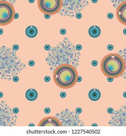 Cup of coffee or tea with dots on background seamless pattern.
