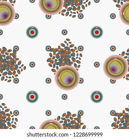 Cup of coffee or tea with dots on background seamless pattern.