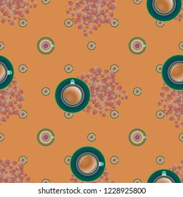 Cup of coffee or tea with dots on background seamless pattern.