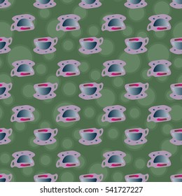 Cup of coffee or tea with dots on background seamless pattern.