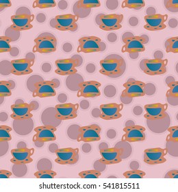 Cup of coffee or tea with dots on background seamless pattern.