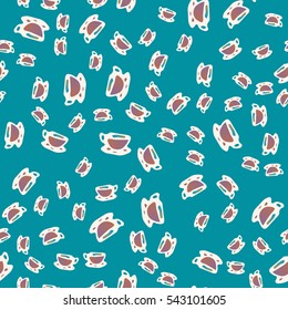 Cup of coffee or tea with dots on background seamless pattern.