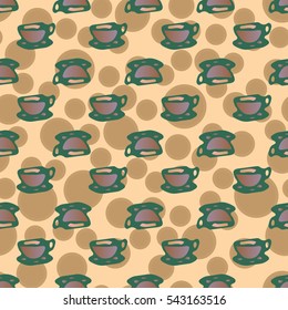 Cup of coffee or tea with dots on background seamless pattern.
