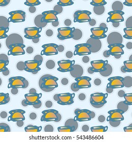 Cup of coffee or tea with dots on background seamless pattern.