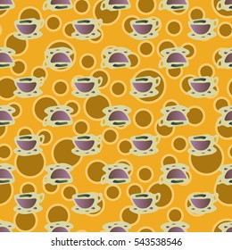 Cup of coffee or tea with dots on background seamless pattern.
