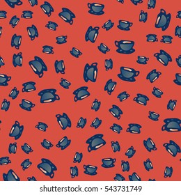 Cup of coffee or tea with dots on background seamless pattern.