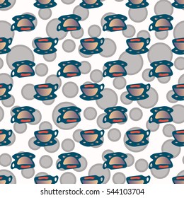 Cup of coffee or tea with dots on background seamless pattern.