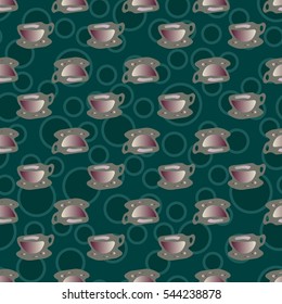 Cup of coffee or tea with dots on background seamless pattern.