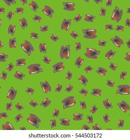 Cup of coffee or tea with dots on background seamless pattern.