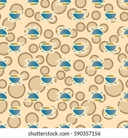 Cup of coffee or tea with dots on background seamless pattern.