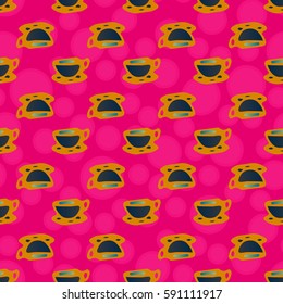Cup of coffee or tea with dots on background seamless pattern.