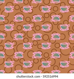 Cup of coffee or tea with dots on background seamless pattern.