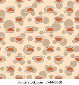 Cup of coffee or tea with dots on background seamless pattern.