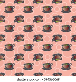 Cup of coffee or tea with dots on background seamless pattern.
