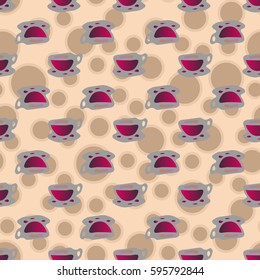 Cup of coffee or tea with dots on background seamless pattern.