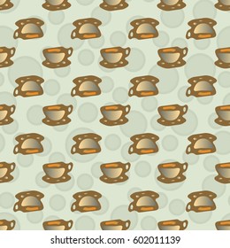 Cup of coffee or tea with dots on background seamless pattern.