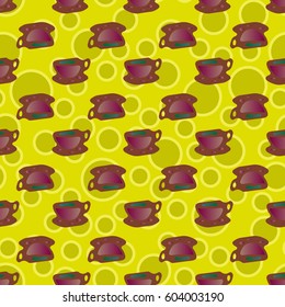 Cup of coffee or tea with dots on background seamless pattern.