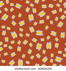 Cup of coffee or tea with dots on background seamless pattern.