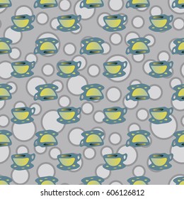 Cup of coffee or tea with dots on background seamless pattern.