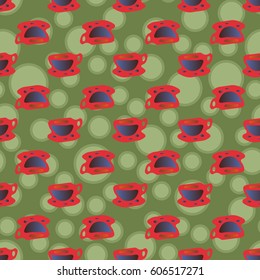 Cup of coffee or tea with dots on background seamless pattern.