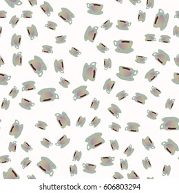 Cup of coffee or tea with dots on background seamless pattern.
