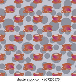 Cup of coffee or tea with dots on background seamless pattern.