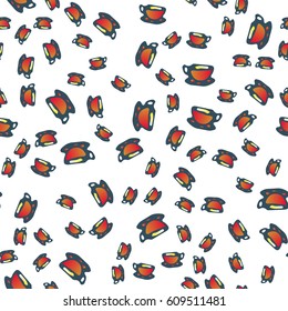 Cup of coffee or tea with dots on background seamless pattern.
