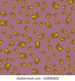 Cup of coffee or tea with dots on background seamless pattern.