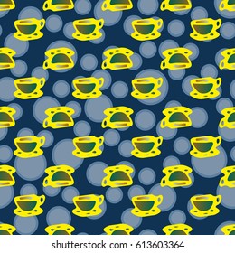 Cup of coffee or tea with dots on background seamless pattern.